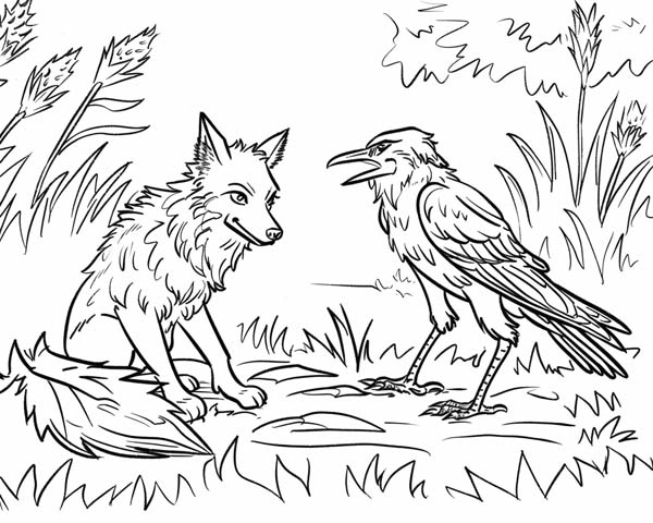 Native American folklore coloring page of coyote and raven as friends