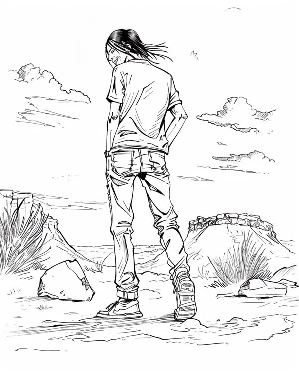 Native American folklore coloring page of coyote as a young man