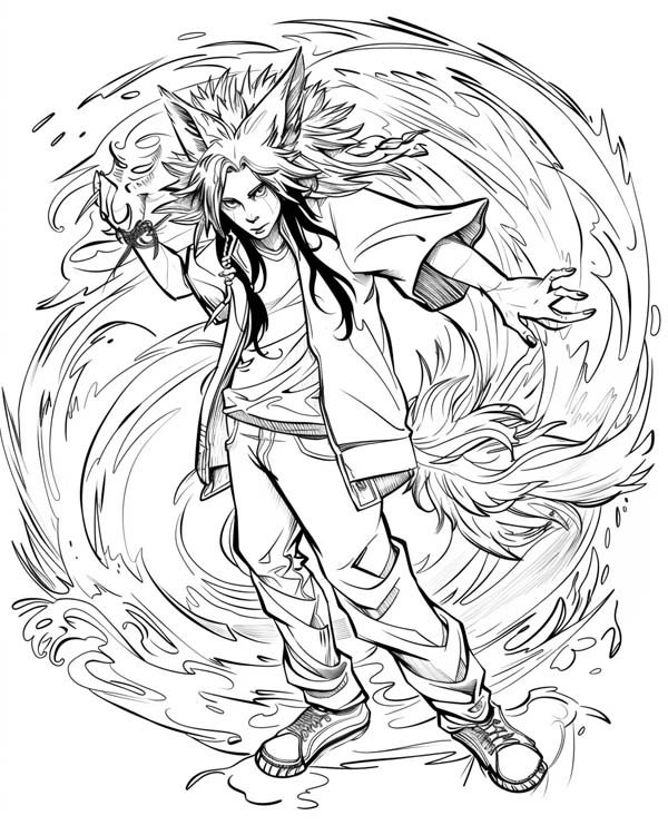 Native American folklore coloring page of coyote transforming
