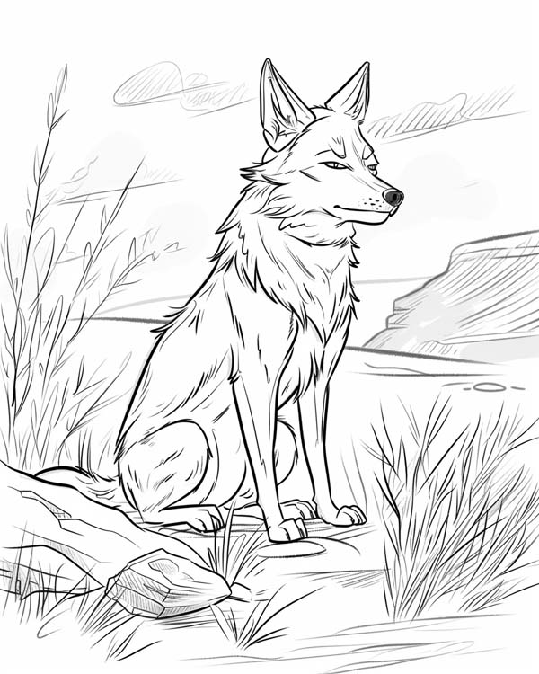 coloring page of a coyote in the desert