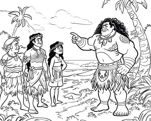 Polynesian folklore coloring page of Maui talking to villagers