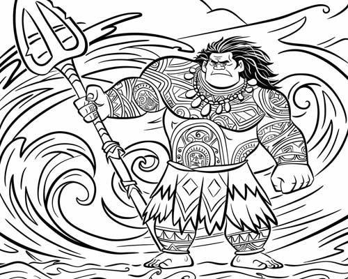 Polynesian folklore coloring page of Maui and waves