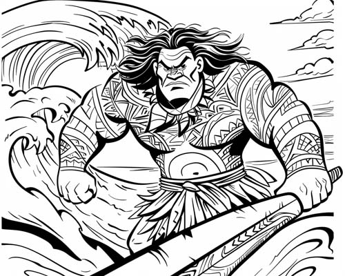 Polynesian mythology coloring page of Maui and the ocean
