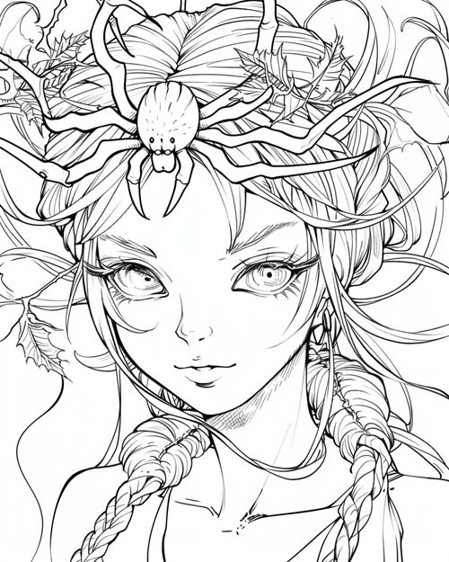 coloring page of Arachne as a spider