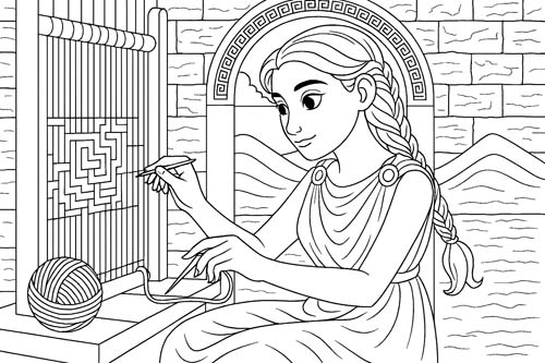 coloring page of Arachne weaving