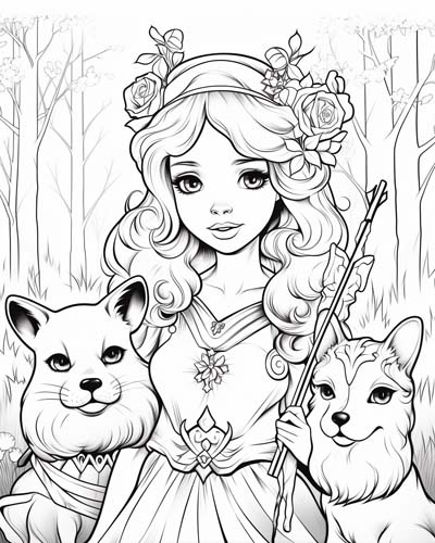 cute Artemis and her dogs coloring page
