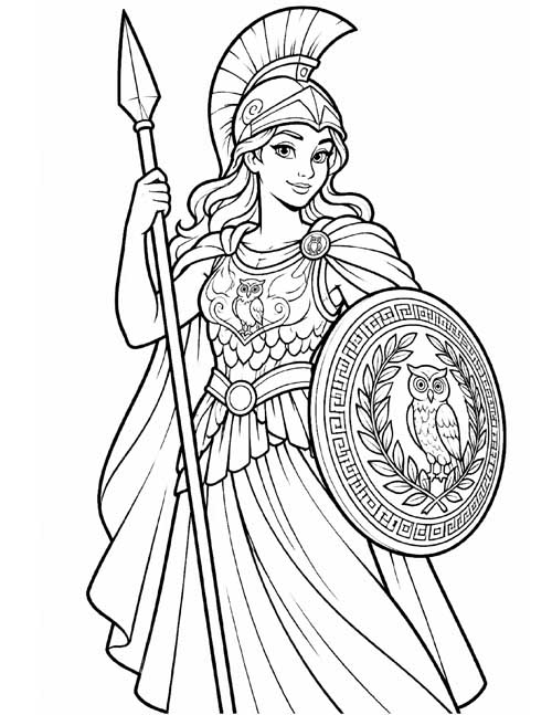 bold lines, cartoon coloring page of Athena in armor