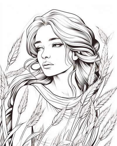 Demeter in a field of wheat coloring page