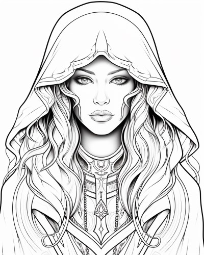 coloring page of the Greek goddess, Hecate looking mysterious