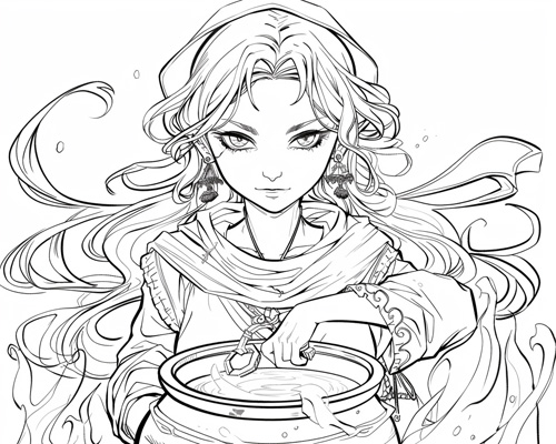 coloring page of Hecate with a cauldron