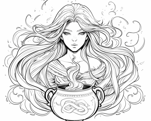 coloring page of Hecate with a cauldron