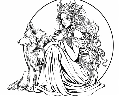 coloring page of Hecate with a dog