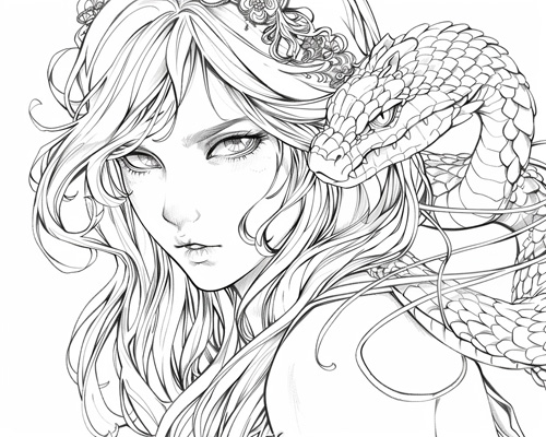 coloring page of Hecate with a serpent