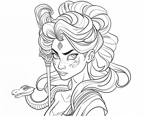 coloring page of Hecate with a serpent