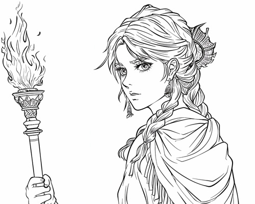 coloring page of Hecate with a torch