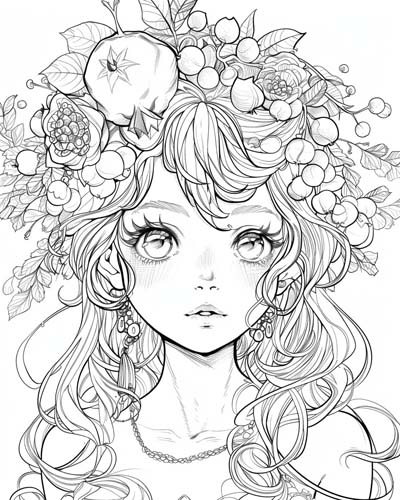 Persephone with a crown of spring flowers coloring page