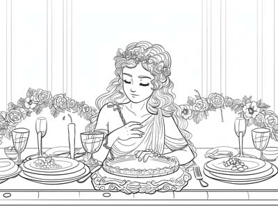 coloring page of Persephone at the Underworld feast