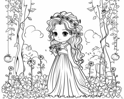 Persephone with a crown of spring flowers coloring page