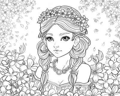 Persephone with a crown of spring blossoms coloring page
