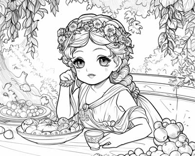 coloring page of Persephone at the Underworld feast