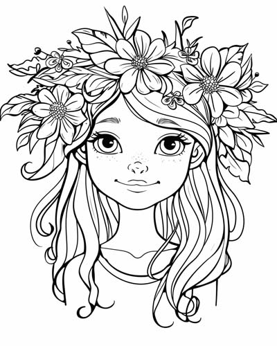 coloring page of Greek goddess Persephone with a crown of spring flowers