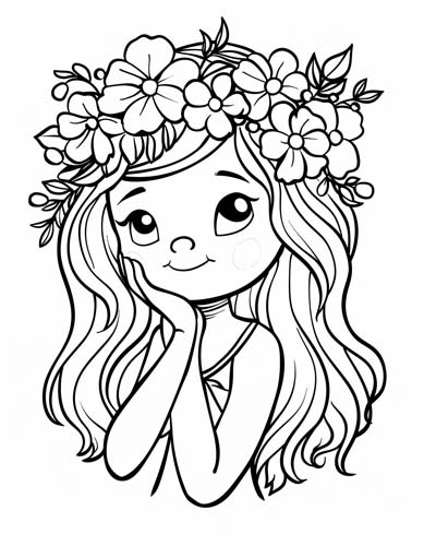 Persephone with a crown of spring flowers coloring page