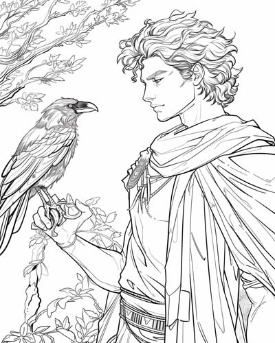 Apollo and a raven coloring page