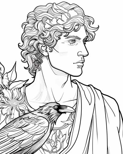 Apollo and a raven coloring page