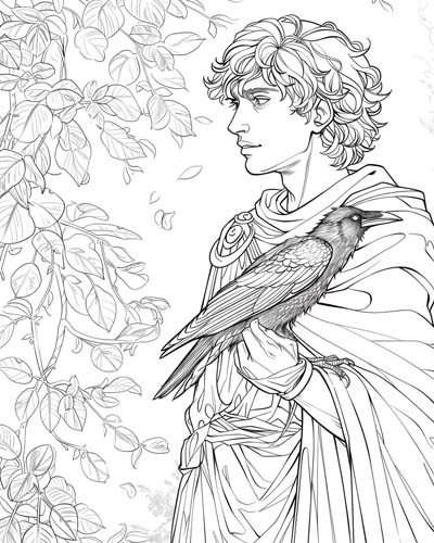 Apollo and a raven coloring page