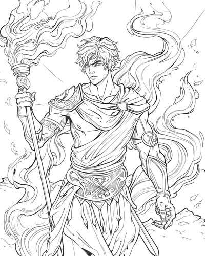 coloring page of Ares with a torch
