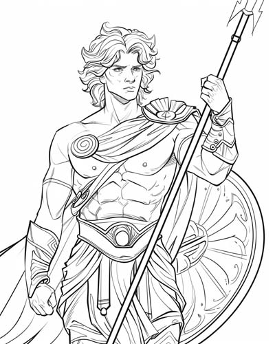 coloring page of Ares with a shield and spear