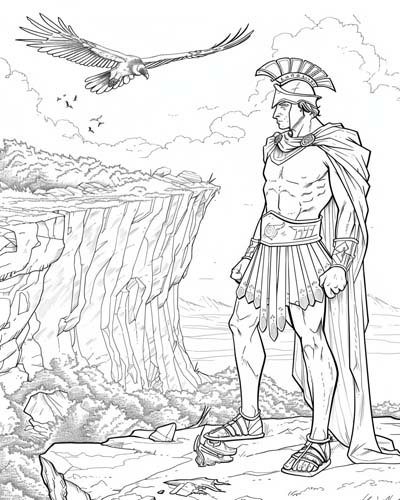coloring page of Ares with a vulture