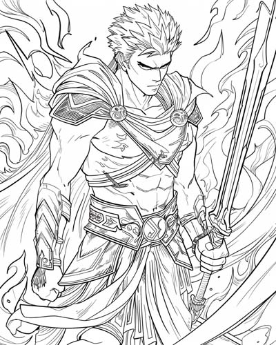 coloring page of Ares with a sword
