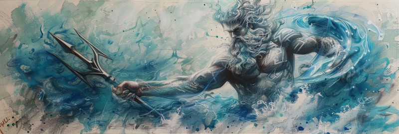 pencil crayon artwork of Poseidon with his trident