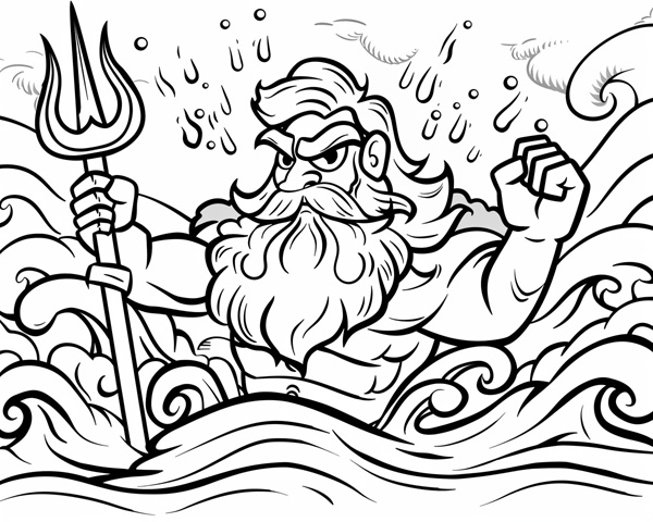 cartoon coloring page of Poseidon summoning a storm