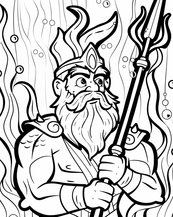 cartoon coloring page of Poseidon god of the sea