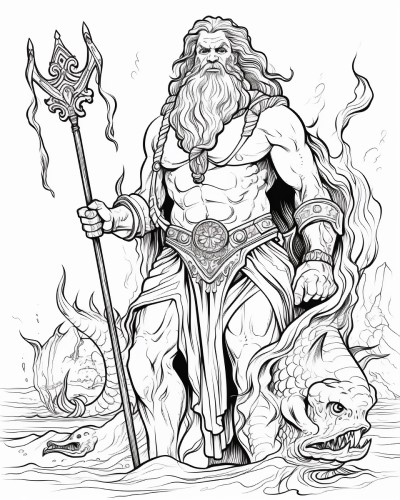 Poseidon and fierce sea creatures coloring page