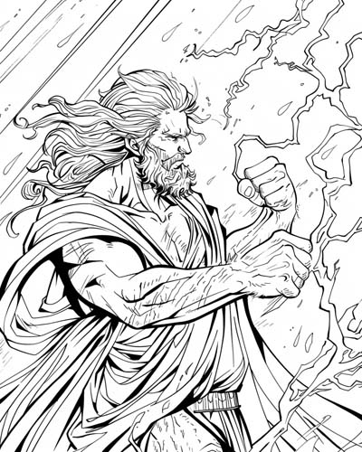 Zeus in a lightning storm coloring page