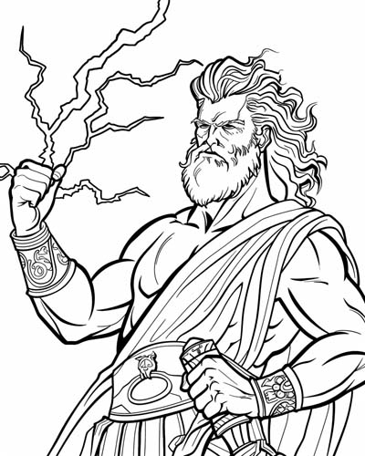 coloring page of Zeus holding his lightning bolt