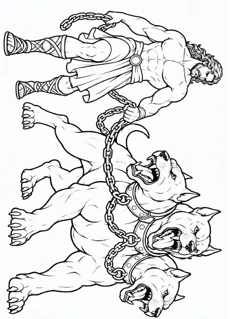 coloring page of Herakles leading Cerberus