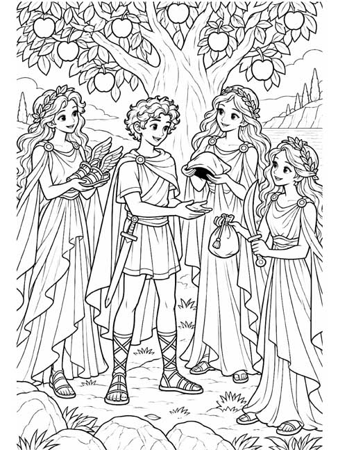 Greek mythology coloring page of Perseus in the garden of the Hesperides