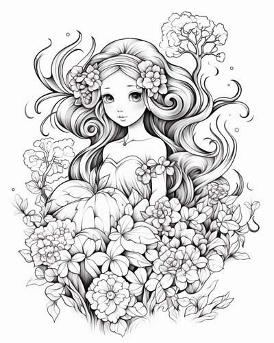 Epimeliad in a field of flowers coloring page