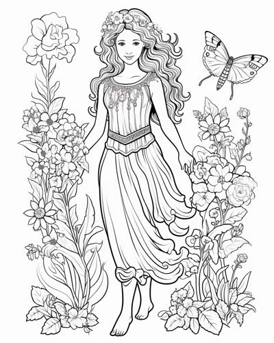 Epimeliad in a meadow of flowers and butterflies coloring page