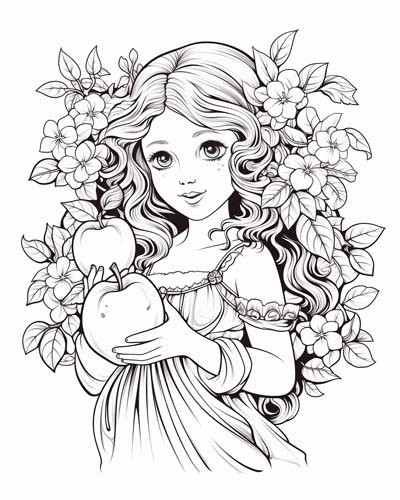 cute, young Hesperid holding an apple coloring page