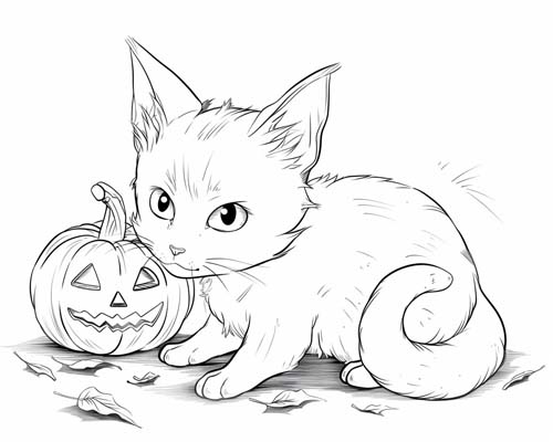 Halloween coloring page of a brave kitten