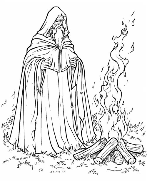 coloring page of a Celtic druid by a fire