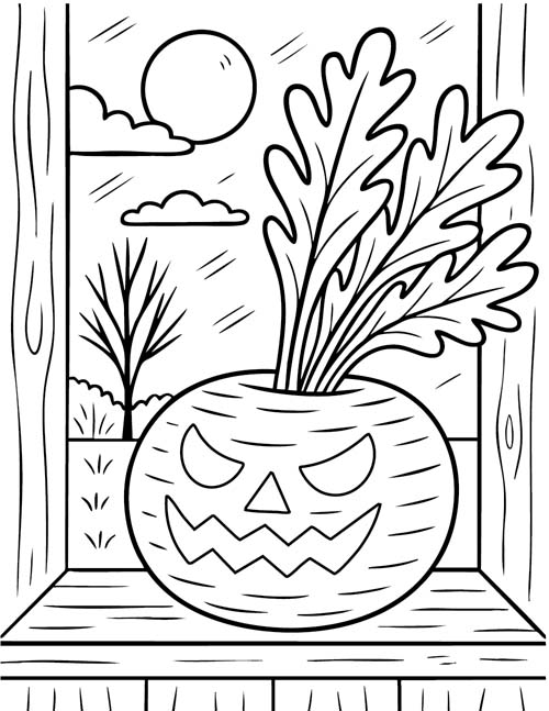 easy coloring page of a carved turnip in the window
