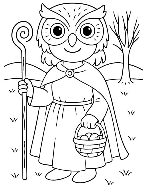easy coloring page of a child with an owl mask