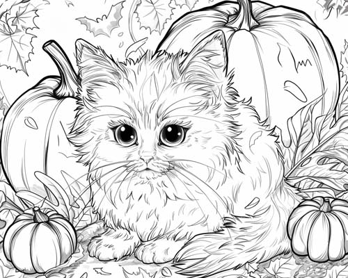 coloring page of a kitten and pumpkins