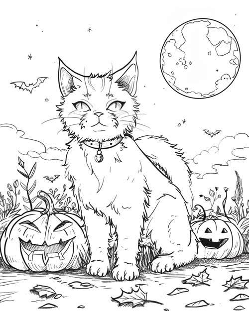 Halloween coloring page of a spooky cat
